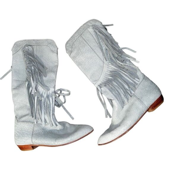 Vintage Baby Blue Fringe Cowgirl Boots Genuine Leather - Size 38 (Fit like a 7) - Picture 1 of 10